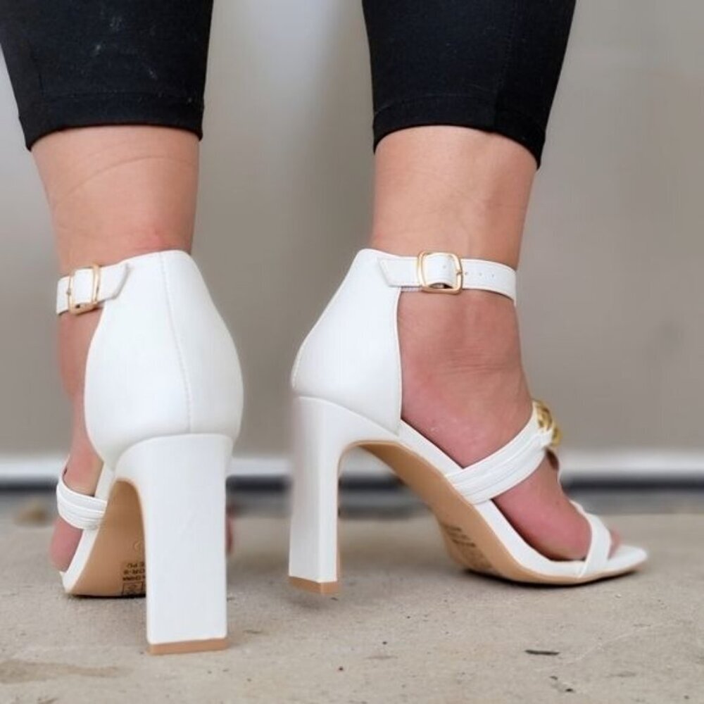 White Chunky Heel Sandals Gold Chain Open Square Toe Adjustable Buckle - Picture 4 of 4